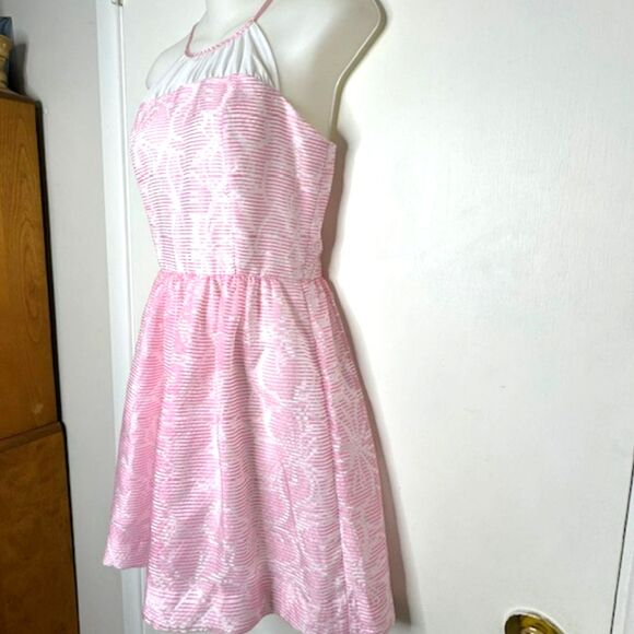 LILLY PULITZER KAILEY PINK & WHITE FLORAL CHIFFON HALTER DRESS SIZE 2 ROSY POSIE - Picture 4 of 14